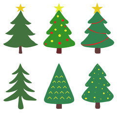 Fototapeta premium Set of six cute cartoon-style Christmas trees with stars, ornaments, and simple decorations in green tones, perfect for festive holiday design and illustration projects.