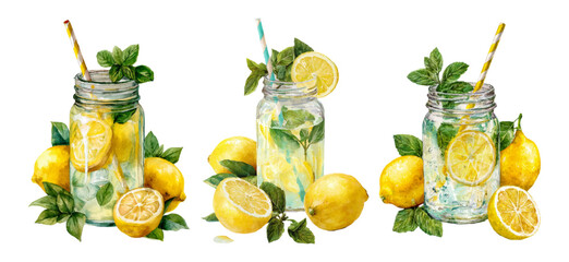 Set of watercolor lemonade glasses. Glass jars with lemon drink, straw and whole yellow lemons. Lemonade drinks, limoncello etc. Refreshing lemon drinks.