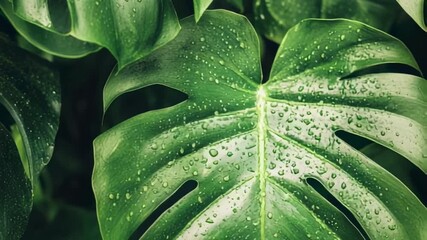 Lush, green tropical leaf glistening with fresh morning dew against a dark backdrop - Powered by Adobe