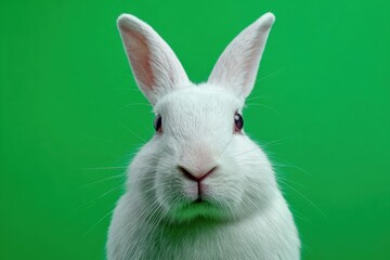 Obraz premium Domestic rabbit on green background. One Baby rabbit isolated. Furry Little Easter bunny sniffs and looks on studio chroma key backdrop. Cute pet with shocked face. Surprised expression. Funny animal