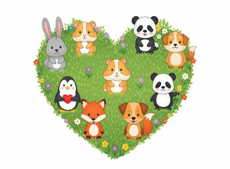 Naklejka premium Adorable Cartoon Animals Arranged in a Heart Shape on Green Grass with Flowers Cute Kids Illustration for Greetings Gifts and Children s Projects
