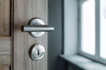 Obraz premium Door Close-up. Opened wooden door, modern metallic handle and keyhole in the empty room. Copy space. Panel wood door, gray wall, blur interior background. Element of apartment design. Selective focus