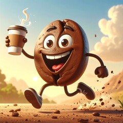 Animated coffee bean character joyfully running with a cup in a sunny outdoor scene
