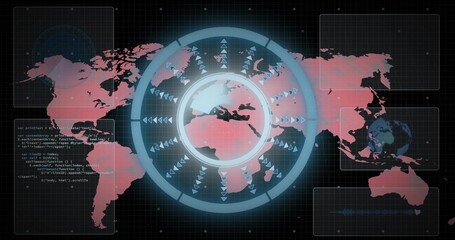 Displaying overlay highlighting Europe, Africa on grid UI, with code panel, charts and arrow icons