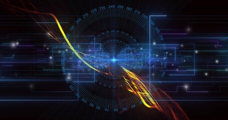 Radiating glowing core hub projecting numeric rings in digital space with energy streak