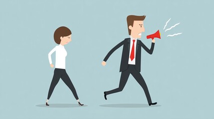 An angry boss walks and shouts into a megaphone at his young female employee. Dictator. Despot. Conflict