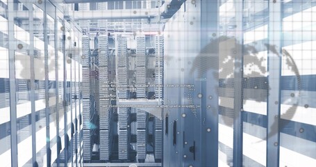 Highlighting server racks with blade servers in data center corridor, world map overlay