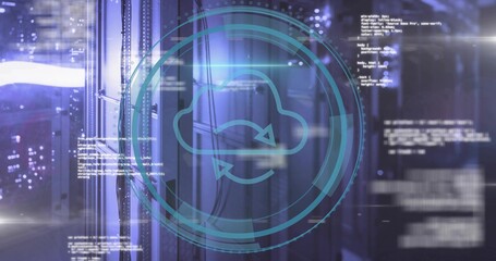 Floating translucent cloud sync icon inside server room with racks network cables code overlays