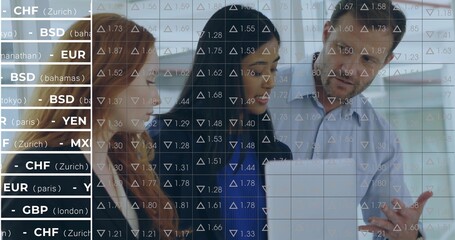 Three colleagues in business attire analyzing data in office, with clipboard and currency overlay