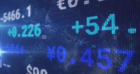 Streaming glowing numeric and currency data across LED display at trading floor, lens flare streak