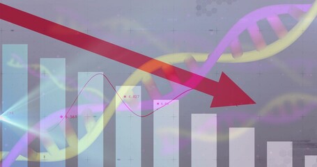 Displaying descending white bars, red arrow on abstract hex grid with DNA helix and line graph