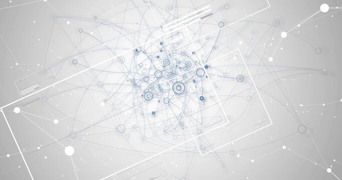 Displaying central network node cluster pulsing in digital space, with nodes and translucent frames