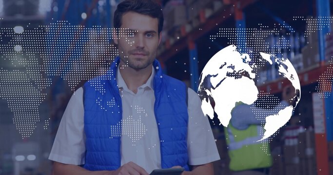 Checking stock, manager in blue vest with tablet in warehouse racks, boxes, digital map overlay