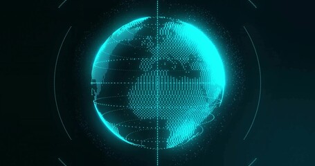 Rotating turquoise globe showing axis line, grid overlays and orbit lines in data interface © vectorfusionart
