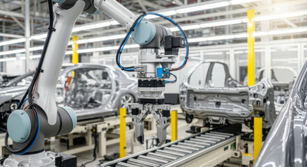 Robotic arm assembling vehicles on modern automated production line in advanced automobile manufacturing factory