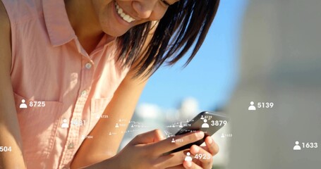 Smiling Hispanic woman tapping smartphone on rooftop, with follower count overlays, copy space