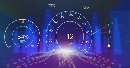 Digital heads-up display panel projecting in cockpit at night, with speedometer and battery gauge