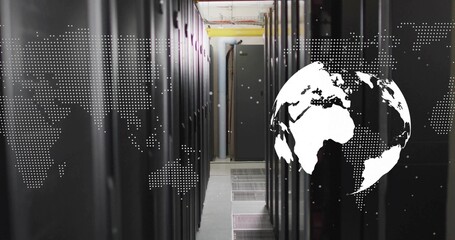 Displaying server rack aisle in data center with perforated tiles, conduits and map-globe overlay
