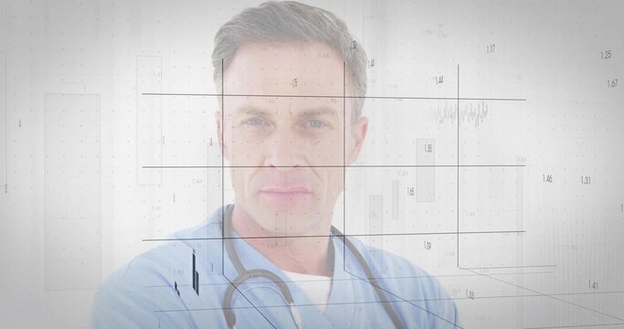 Standing adult doctor gazing into camera in studio, with scrub top stethoscope and data overlay - Powered by Adobe
