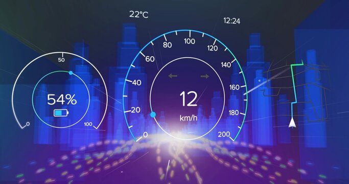 Digital heads-up display panel projecting in cockpit at night, with speedometer and battery gauge