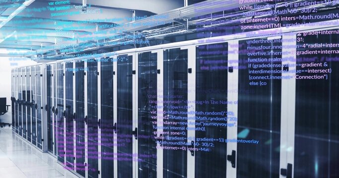 Stretching row of black glass-doored server racks along data center corridor, with code overlay