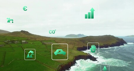 Floating icons showing euro, faucet, CO2, bar chart, hazard, EV, leaf, droplet above coastal cliffs