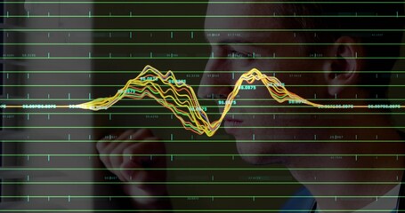 Data analyst in dark jacket studying green grid and annotated waveforms in control room, copy space