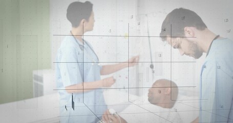 Discussing healthcare team pointing at whiteboard and examining patient in hospital, with graphs