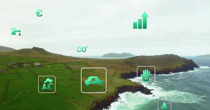 Fototapeta Floating icons showing euro, faucet, CO2, bar chart, hazard, EV, leaf, droplet above coastal cliffs