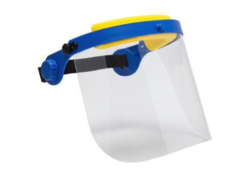 Isolated transparent face shield with blue and yellow plastic frame for safety protection