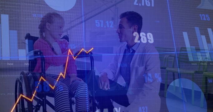 Kneeling physician speaking with child in wheelchair at clinic lobby, green chairs, copy space