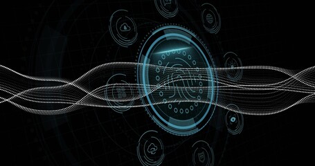 Displaying fingerprint scanner on cybersecurity dashboard with waveform security connectivity icons