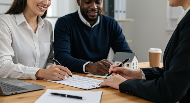 Happy couple reviewing and signing paperwork with real estate agent during home buying process in modern office setting