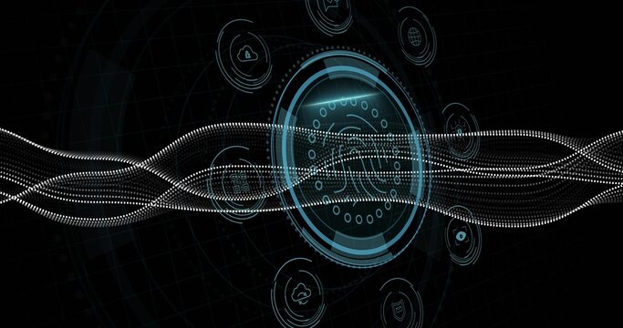 Displaying fingerprint scanner on cybersecurity dashboard with waveform security connectivity icons