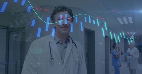 Mature physician interpreting candlestick chart overlay in hospital corridor, with stethoscope