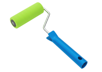 Isolated Paint roller with blue handle and green foam tube, home decoration equipment studio shot