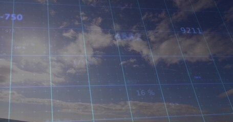 Displaying translucent blue grid overlay spanning partly cloudy sky, with numeric data labels