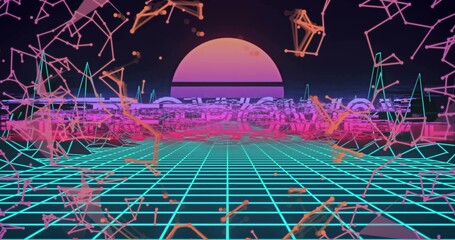 Obraz premium Glowing neon sun hovering over synthwave grid, with floating node clusters, lines and wireframes