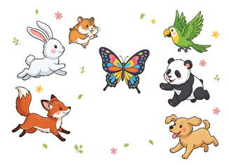Fototapeta premium Cute Cartoon Animals Collection Rabbit Fox Hamster Parrot Panda Dog Butterfly Whimsical Wildlife Characters for Children s Designs