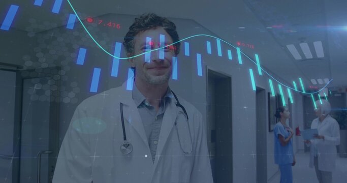 Mature physician interpreting candlestick chart overlay in hospital corridor, with stethoscope