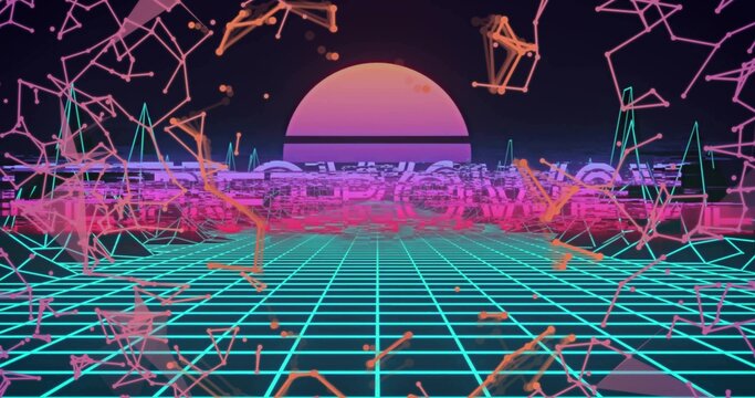 Naklejki Glowing neon sun hovering over synthwave grid, with floating node clusters, lines and wireframes