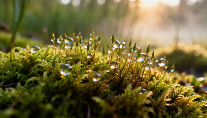 Morning dew glistening on vibrant green moss with sunlight streaming through a natural forest environment in early spring
