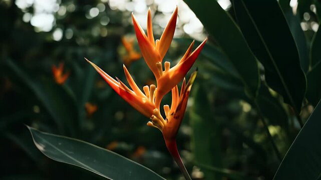 Realistic Close Up Orange Bird of Paradise Flower Lush Greenery