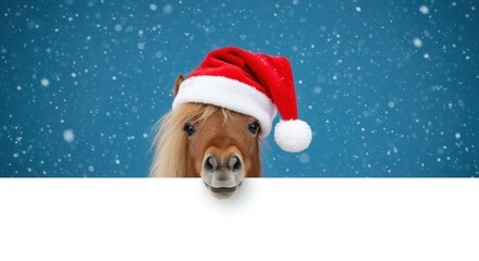 Adorable pony wearing a santa hat peeking over a blank white banner with falling snow and blue winter sky background