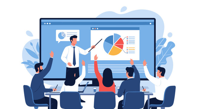 Business presentation with a teacher explaining a pie chart to an engaged audience.