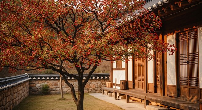 Tree with red berries beside traditional Korean house with wooden doors fruit autumn - Powered by Adobe