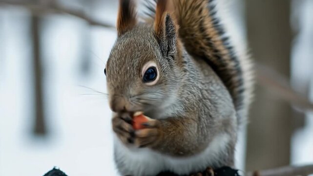 Realistic Close Up Winter Squirrel Eating Nut On Tree Branch Soft Bokeh