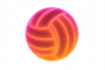 Neon glowing volleyball ball with vibrant pink and orange light lines, futuristic sport design on transparent background