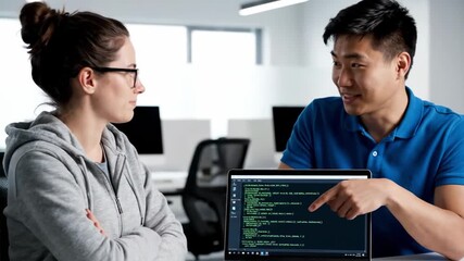 Two people analyze code on a laptop screen, discussing and pointing. Modern office setting - Powered by Adobe