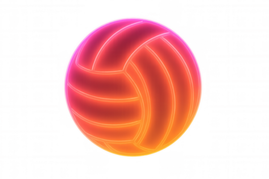 Neon glowing volleyball ball with vibrant pink and orange light lines, futuristic sport design on transparent background